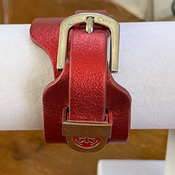 Rustic Cuff Wide Metallic Red Double Wrap Leather Logo Buckle Bracelet NEW 2" - Picture 2 of 6